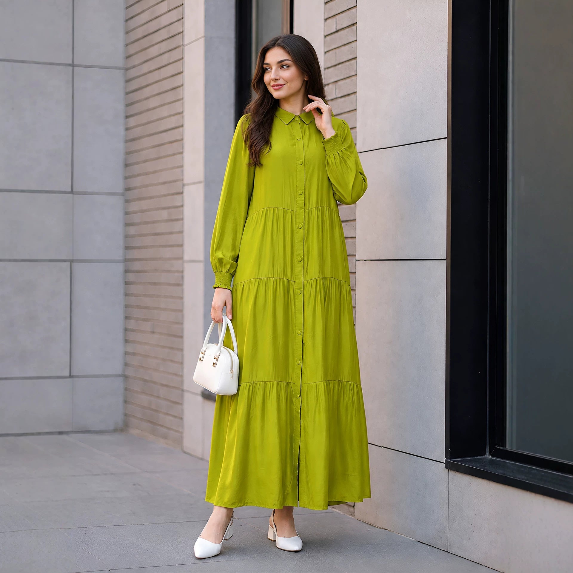 Shirt Collar Button-Down Tiered Maxi Dress(MA465)