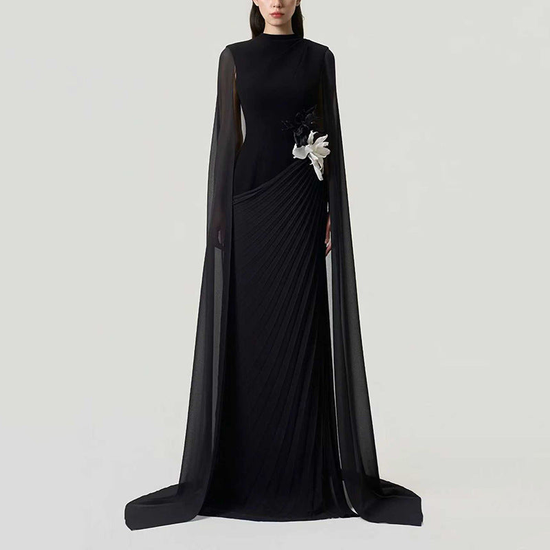 Robe Maxi de Soirée Floral 3D à Taille | Robe Voile avec Manches Raglan en Tulle Transparent(MS566)