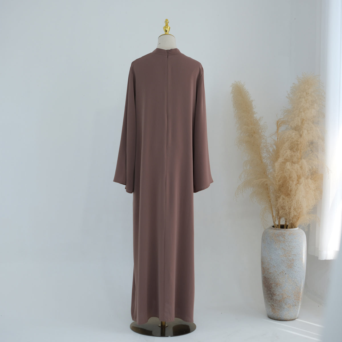 Stand-Collar Nida Maxi Dress | Long-Sleeve Belted Modest Dress(MA475)