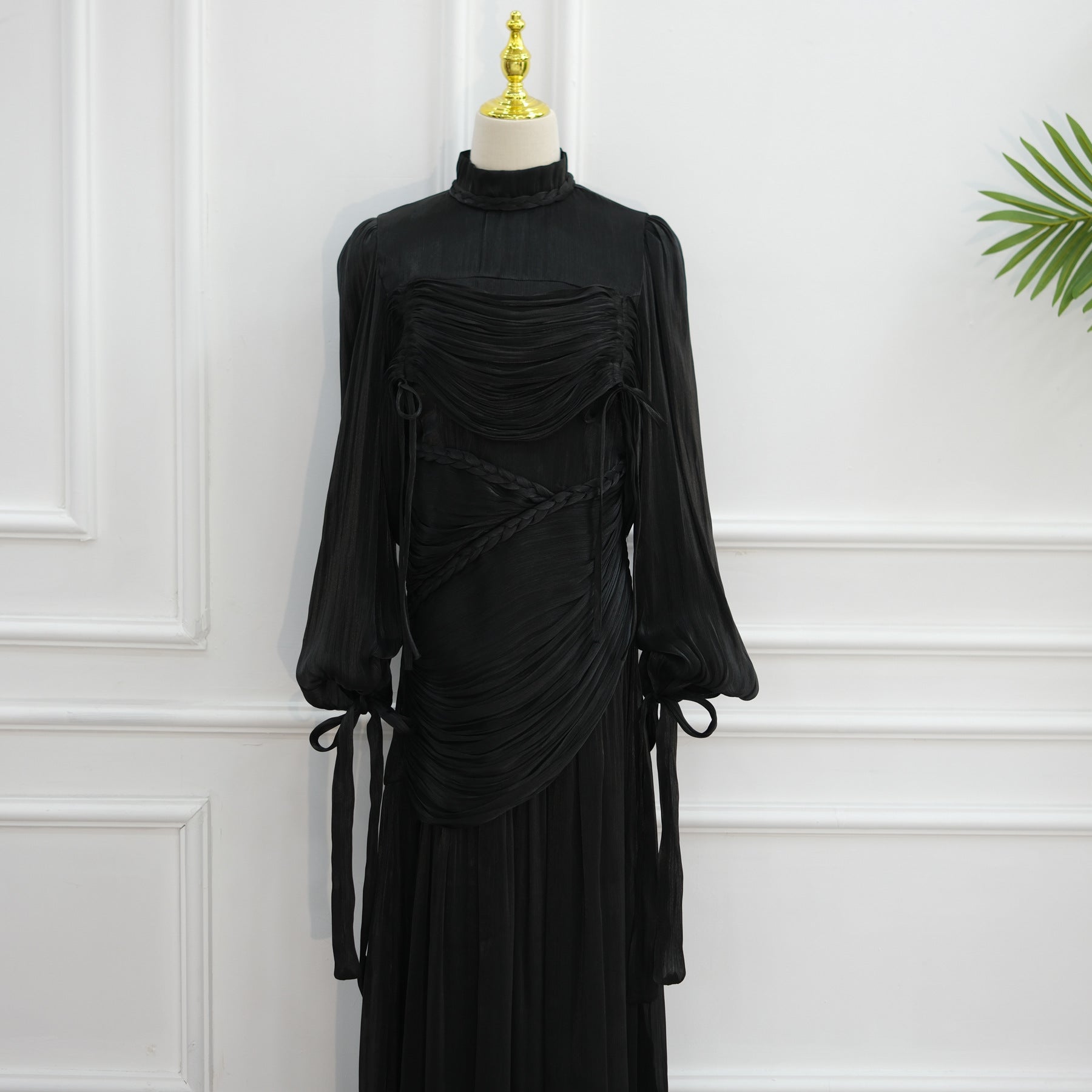 Braided Collar Ruched Fringe Maxi Dress(MS406)
