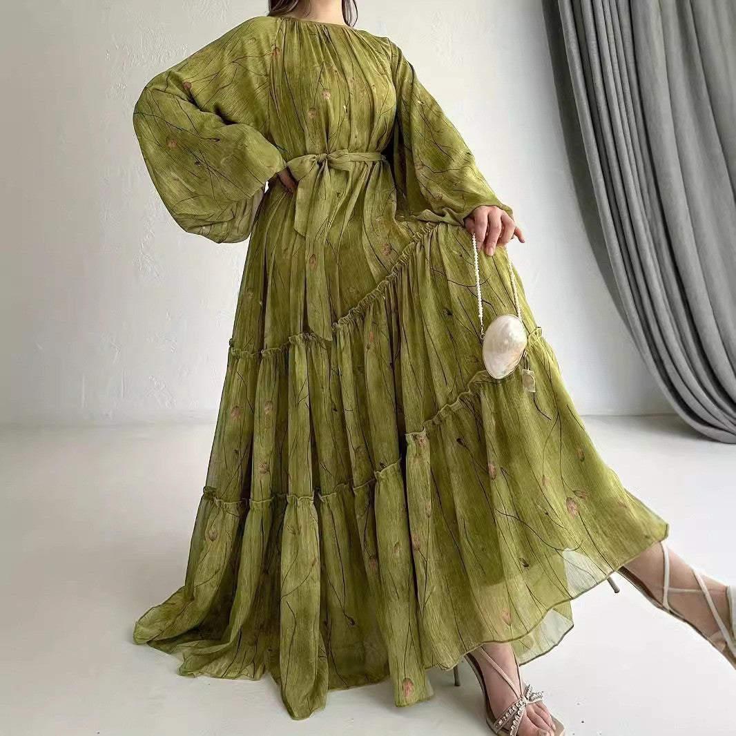 Long Sleeve Belted Chiffon Dress | Elegant Boho Peasant Gown(MA380)
