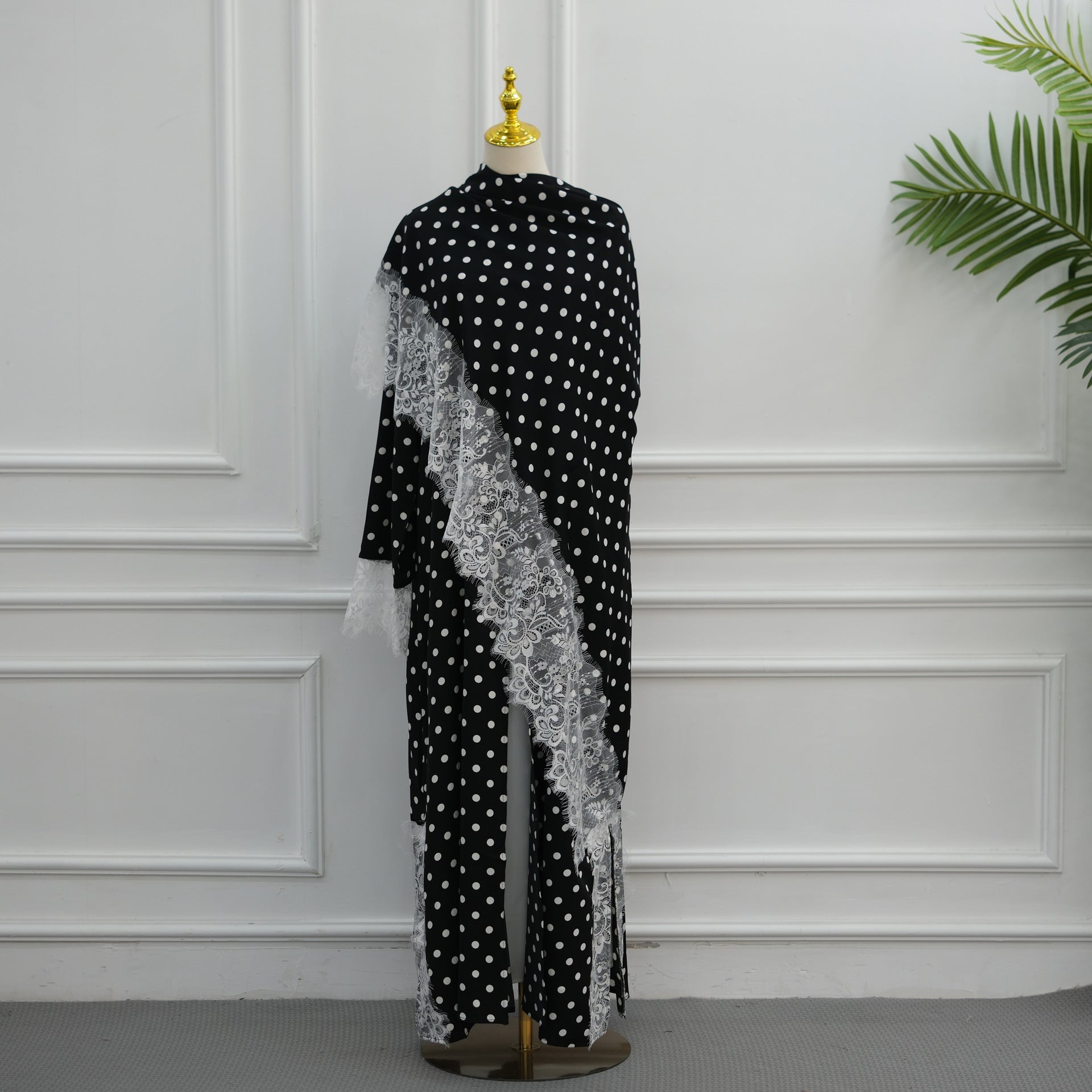 Polka Dot Lace-Trim Open Abaya & Matching Hijab Set(MOA343)