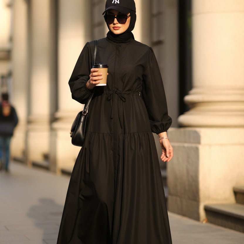 A - Line Trench Shirt Maxi Abaya Dress with Pockets (MA422) - Mariam's Collection