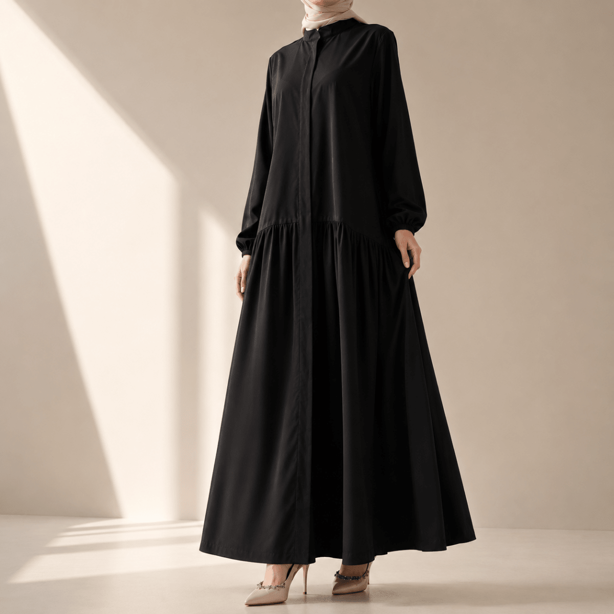 A - Line Trench Shirt Maxi Abaya Dress with Pockets (MA422) - Mariam's Collection