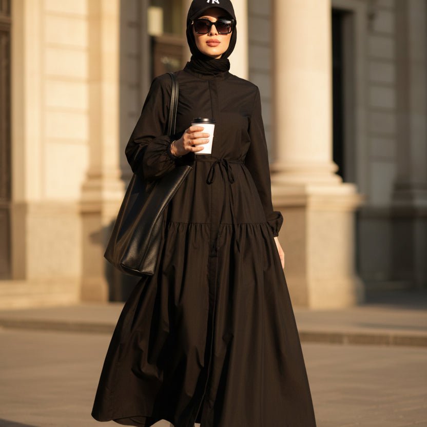 A - Line Trench Shirt Maxi Abaya Dress with Pockets (MA422) - Mariam's Collection