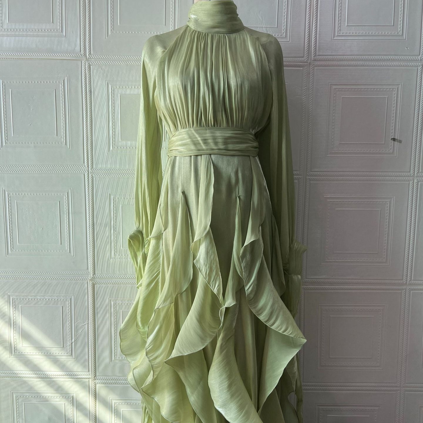 Cascading Ruffle Gown | High Neck Tie-Waist Maxi Dress(MS231)