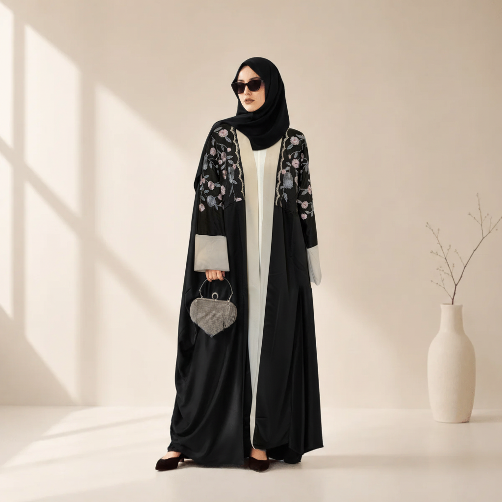 Archive Piece Floral Embroidered Satin Open Abaya - MP057 (Size L Only)
