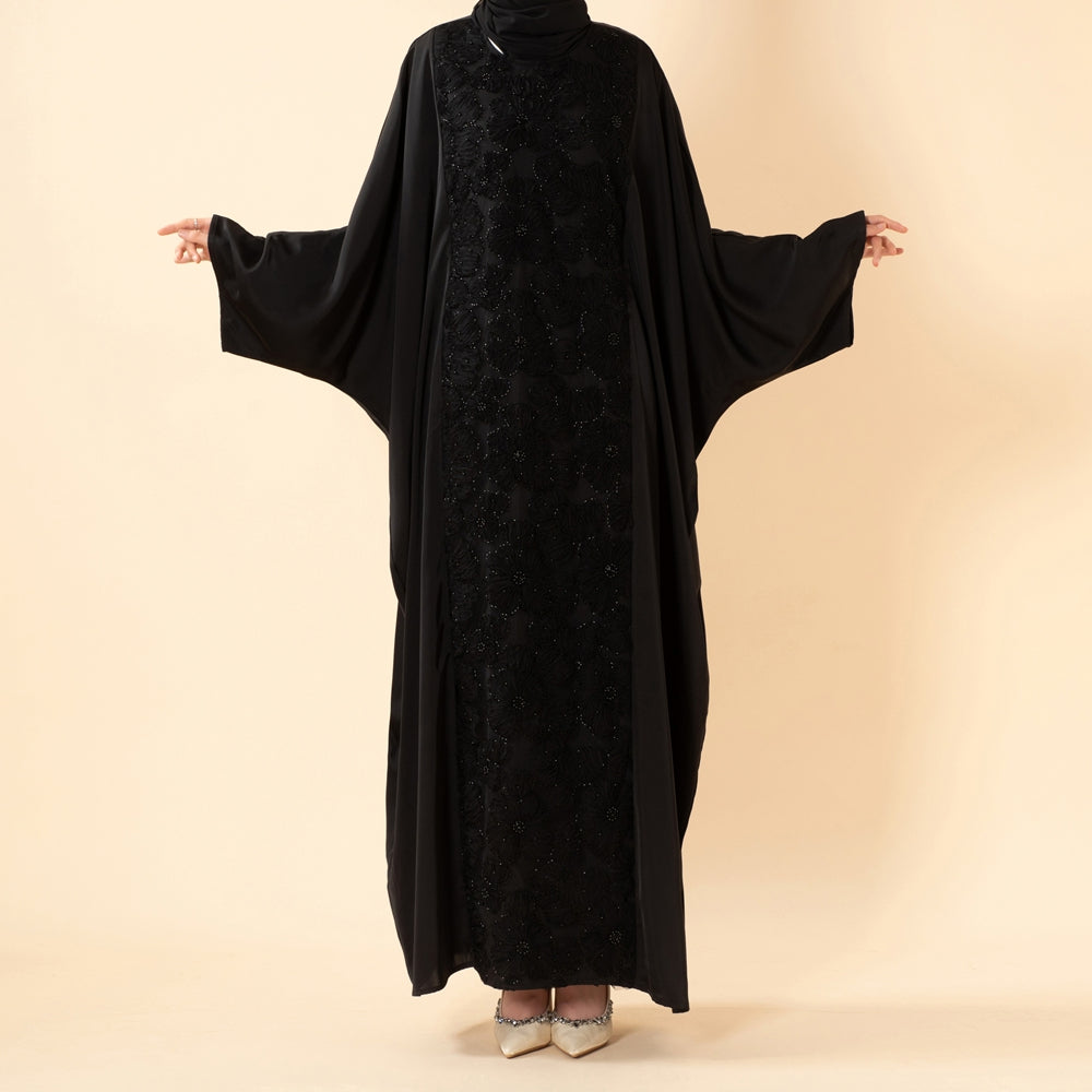 Luxus-Abaya mit 3D-Bandstickerei und Fledermausärmeln mit verstellbarem Taillengürtel (MA431)