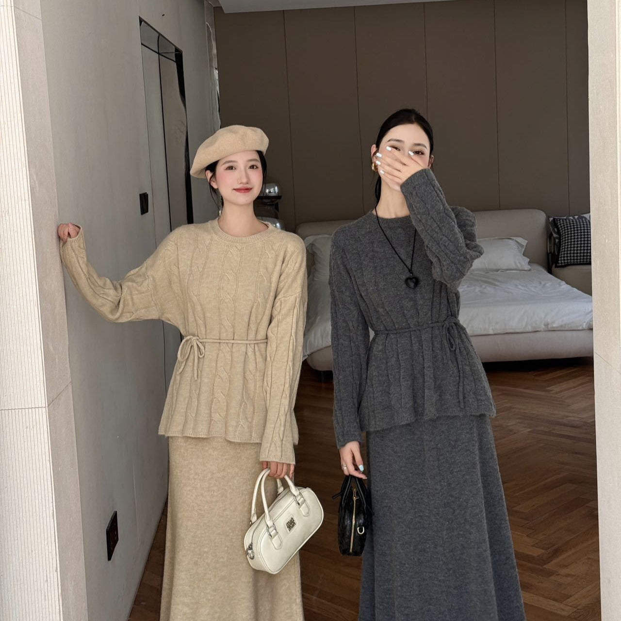 Autumn Winter Cable Knit Two-Piece Set | Round Neck Tie-Waist Sweater & Loose Skirt(MS133)