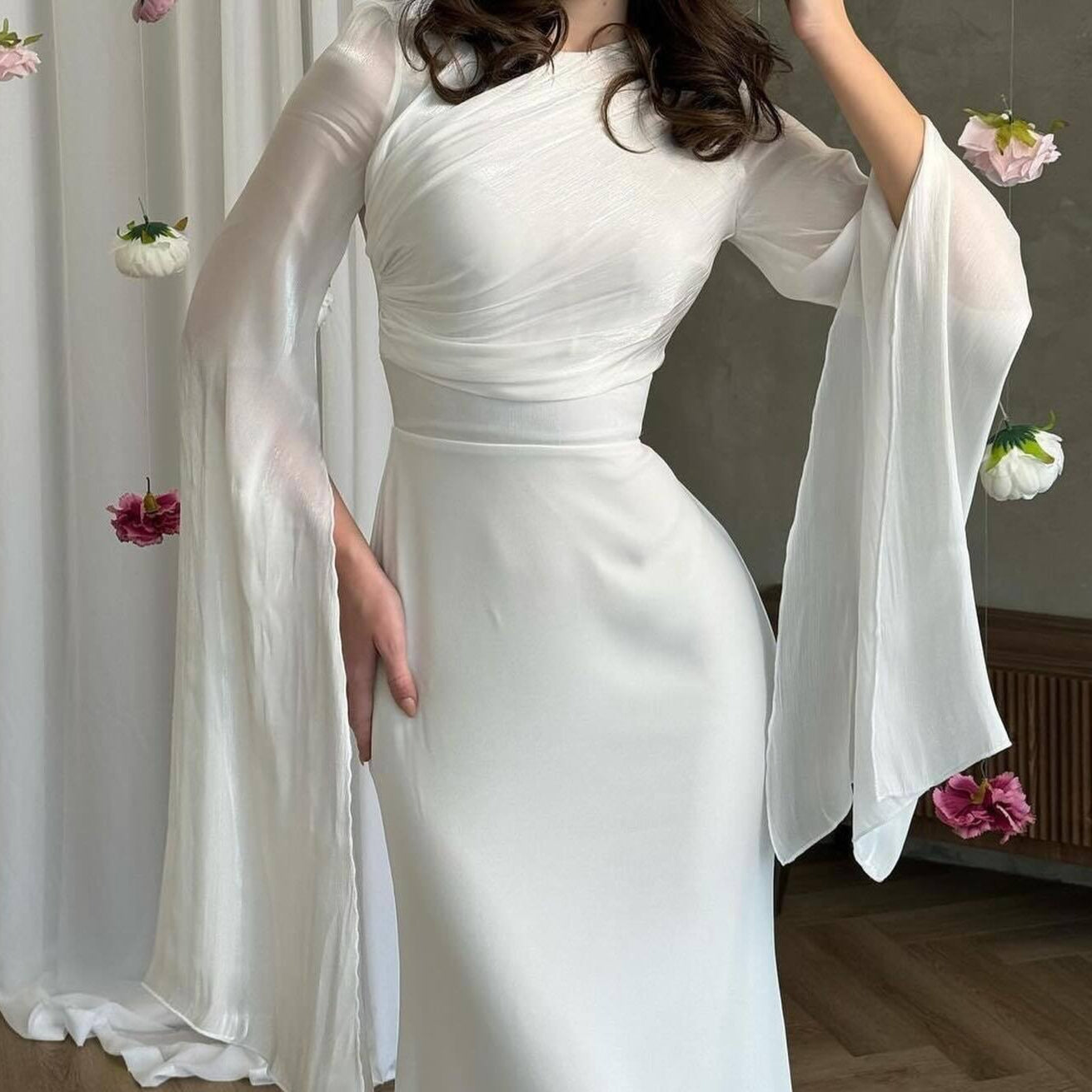 Cape Sleeve Gown with Tie-Back | Fitted Mermaid Maxi Dress(MS230)