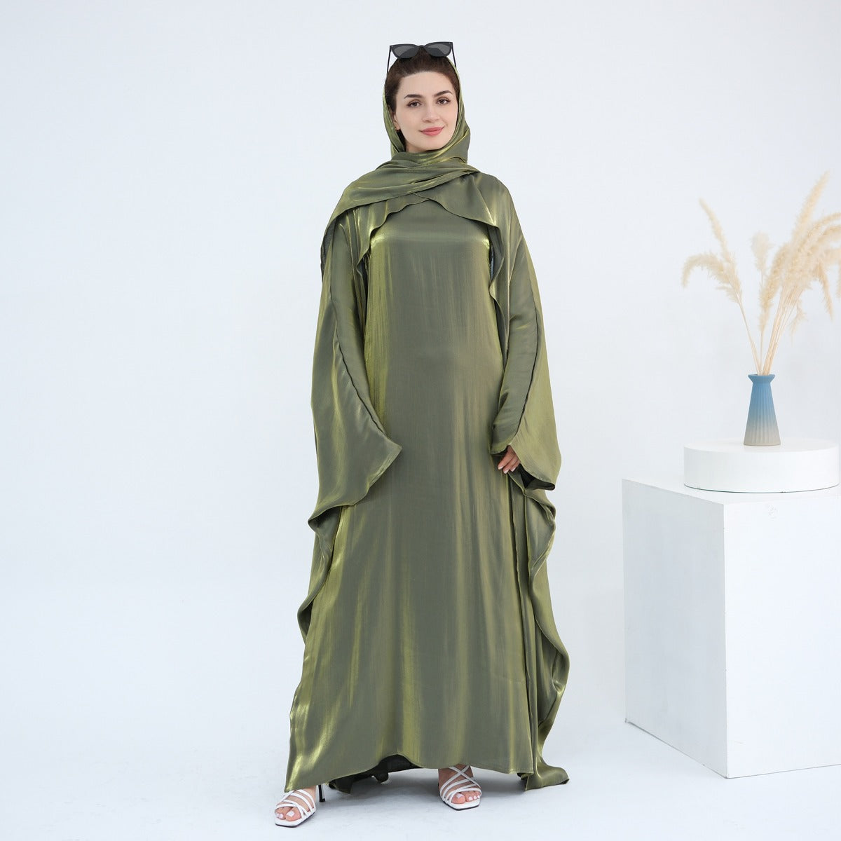 Luminous Beaded Abaya Collection | Luxury Solid Color Bell Sleeve Evening Wear Robes (MOA196)