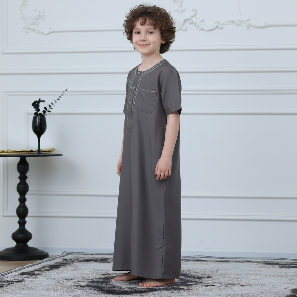 Boys Short Sleeve Embroidered Thobe with Pockets(MKB015)