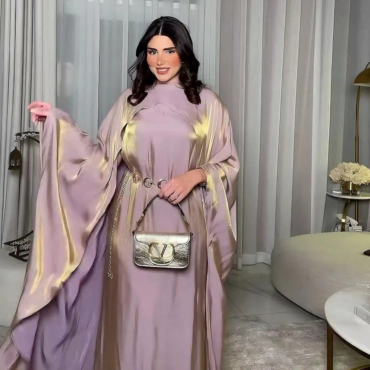 Luminous Beaded Abaya Collection | Luxury Solid Color Bell Sleeve Evening Wear Robes (MOA196)