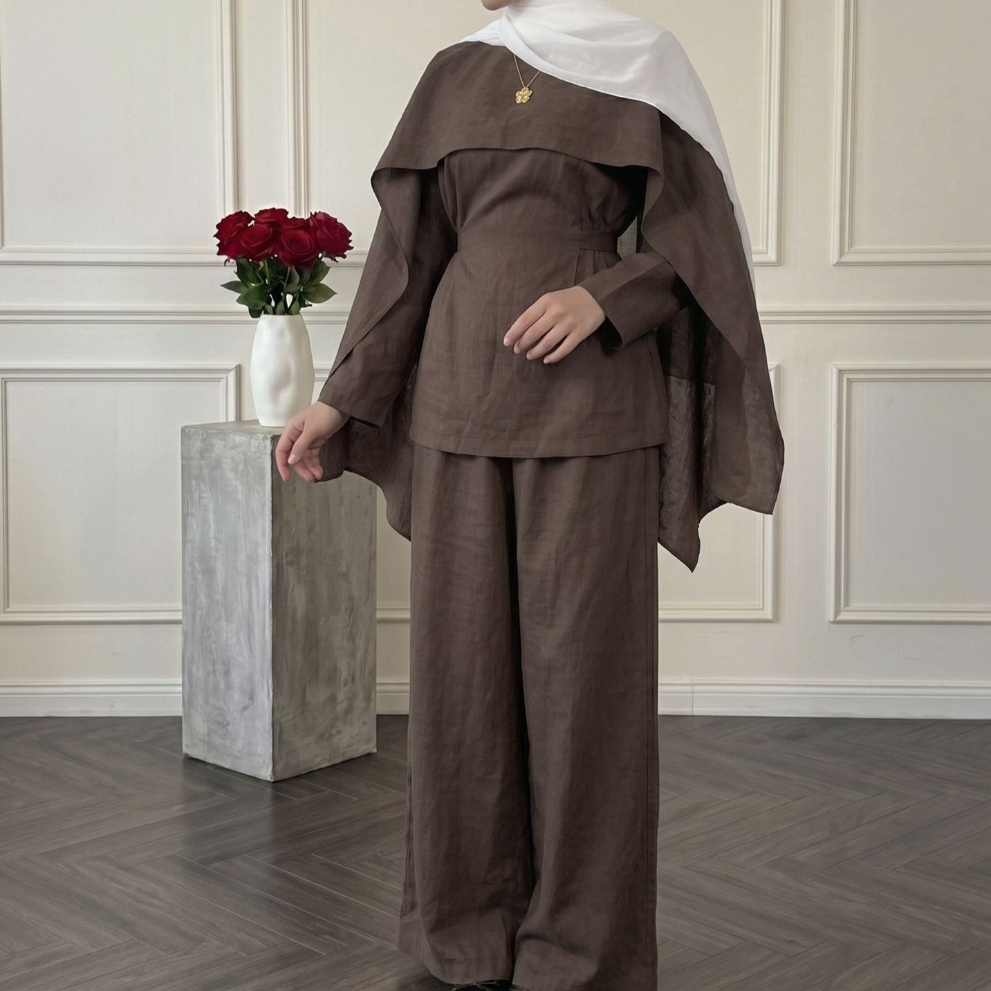 Detachable Shawl Long-Sleeve Top & Wide-Leg Trousers Three-Piece Co-ord Set(MS487)