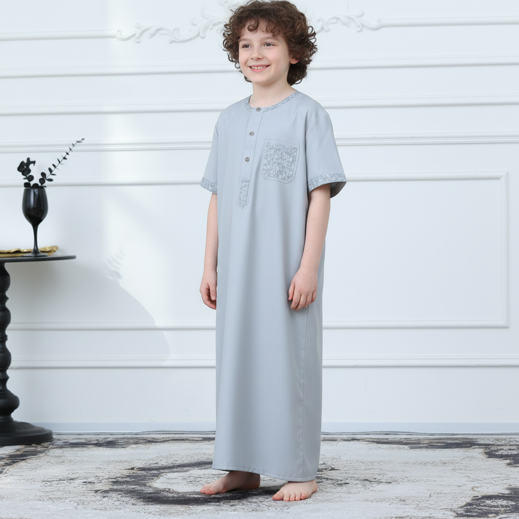 Boys Light Grey Short Sleeve Embroidered Thobe(MKB020)