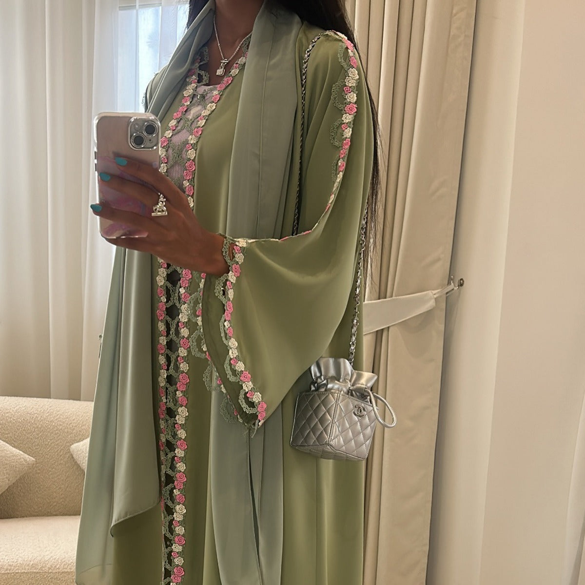 Muslim Women's Luxury Floral Embroidered Cardigan | Olive Green Modest Cover-Up with Pink/White Blossoms (MOA197)