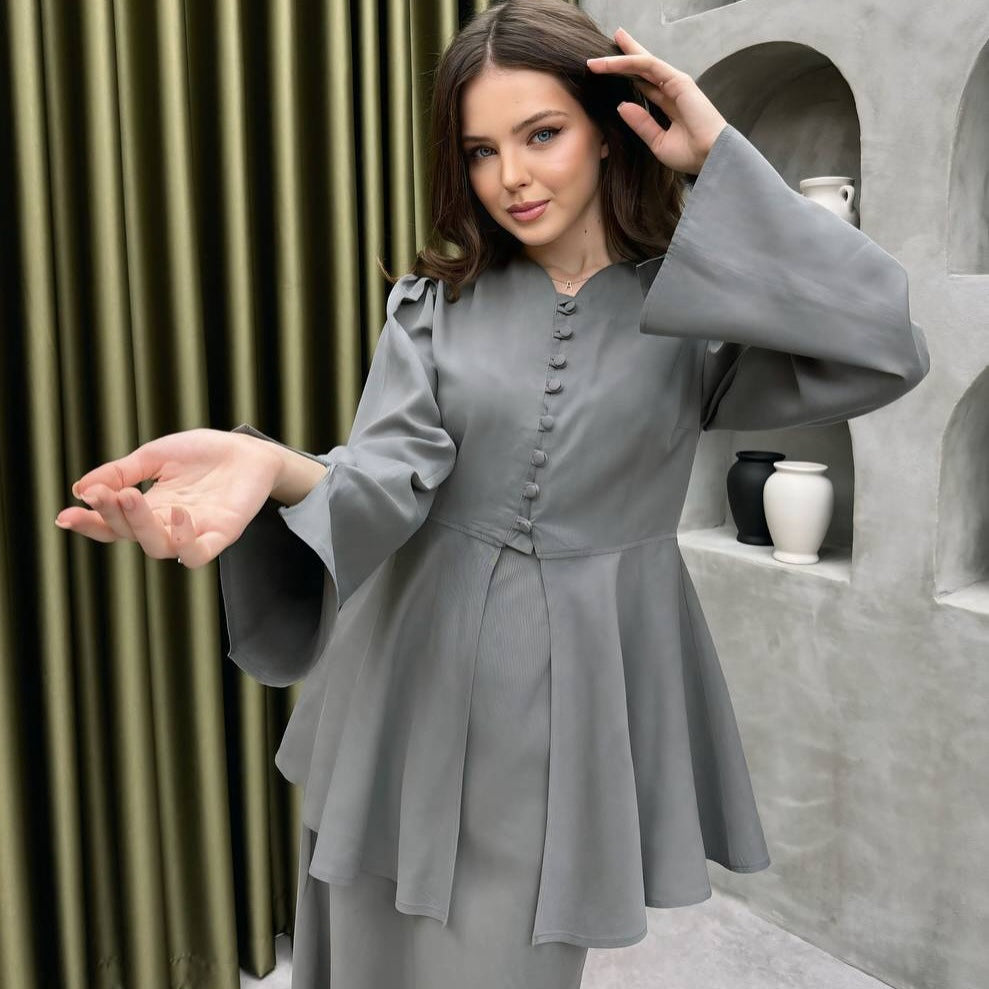 Satin Peplum Top & Skirt Set | Bell Sleeve Two-Piece Outfit(MS229)