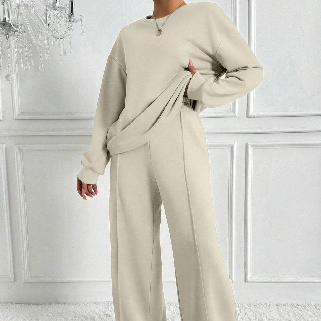 Drop Shoulder Sweatshirt & Wide-Leg Trouser Co-ord Set(MS528)