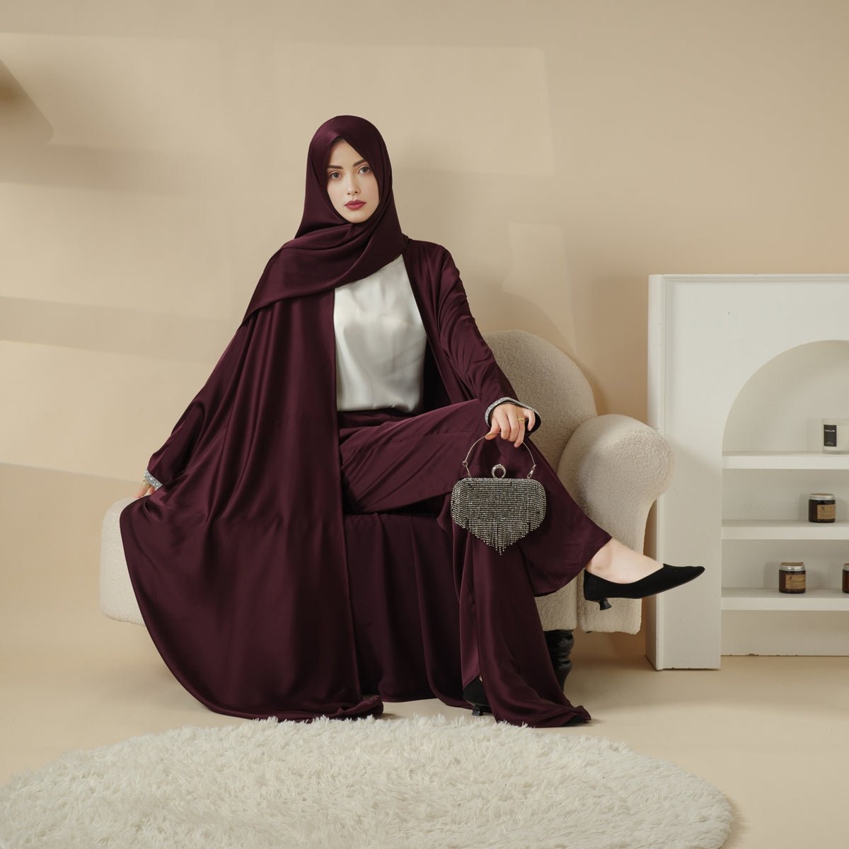 Abaya With Satin Shirt And Rhinestone Trousers | 4 - Piece Set Abaya (MOA060) - Mariam's Collection