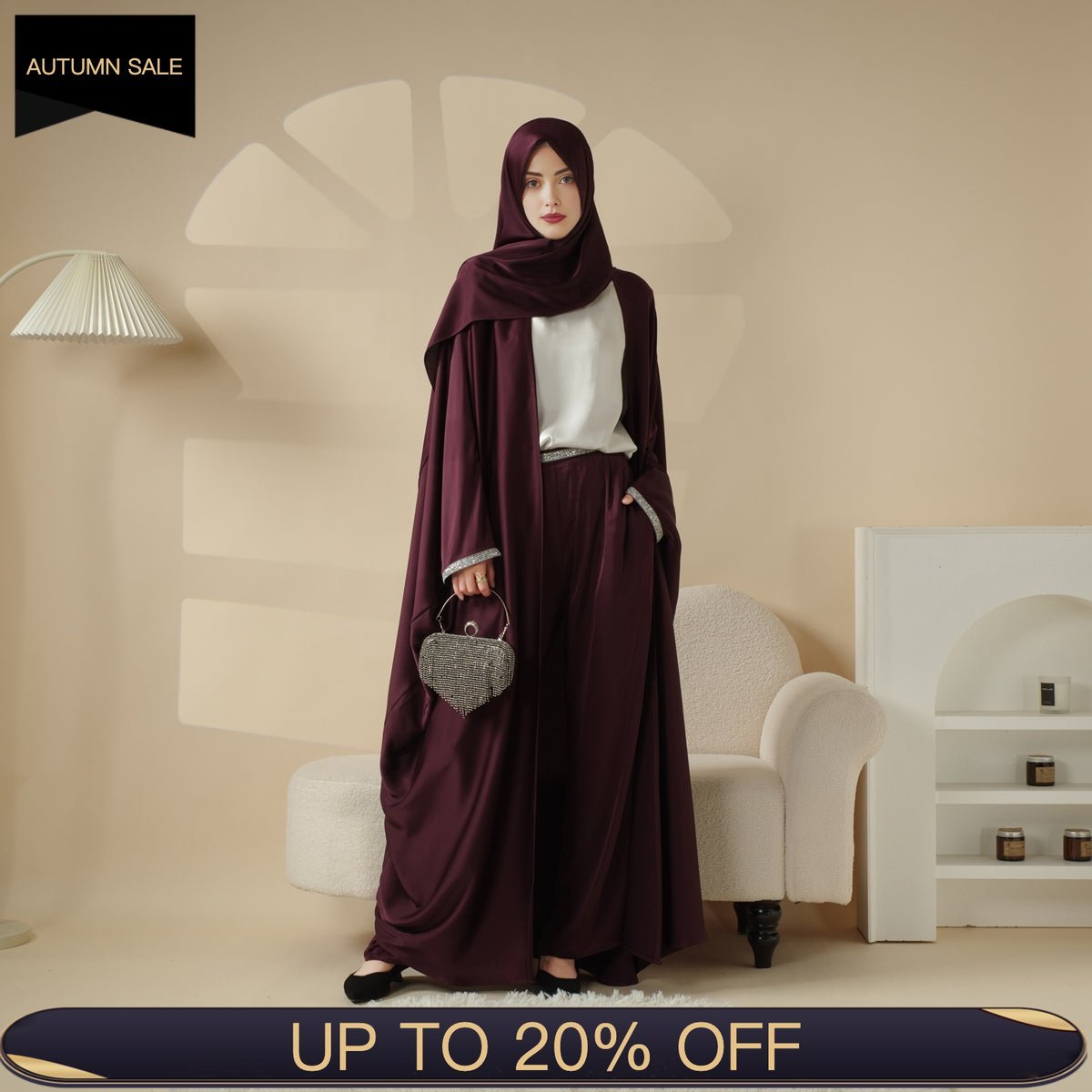 Abaya With Satin Shirt And Rhinestone Trousers | 4 - Piece Set Abaya (MOA060) - Mariam's Collection