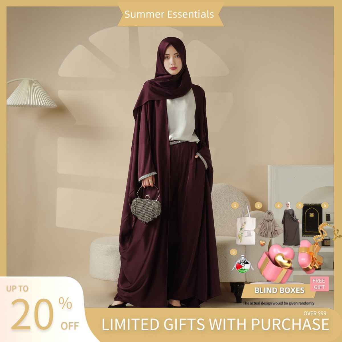 Abaya With Satin Shirt And Rhinestone Trousers | 4 - Piece Set Abaya (MOA060) - Mariam's Collection