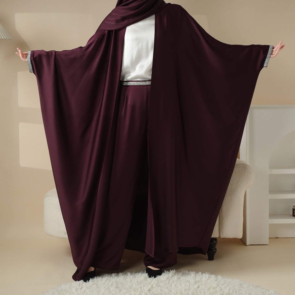 Abaya With Satin Shirt And Rhinestone Trousers | 4 - Piece Set Abaya (MOA060) - Mariam's Collection