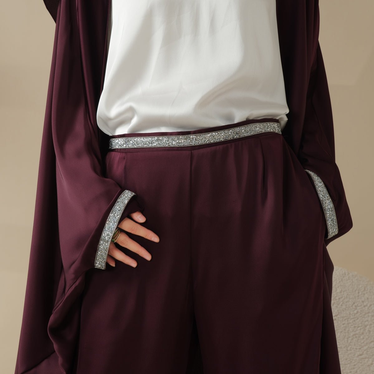 Abaya With Satin Shirt And Rhinestone Trousers | 4 - Piece Set Abaya (MOA060) - Mariam's Collection