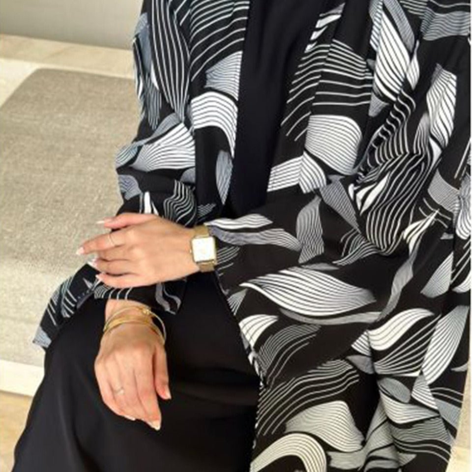 Abstract Wave Print Kimono Abaya | Oversized Open - Front Cardigan(MOA265) - Mariam's Collection