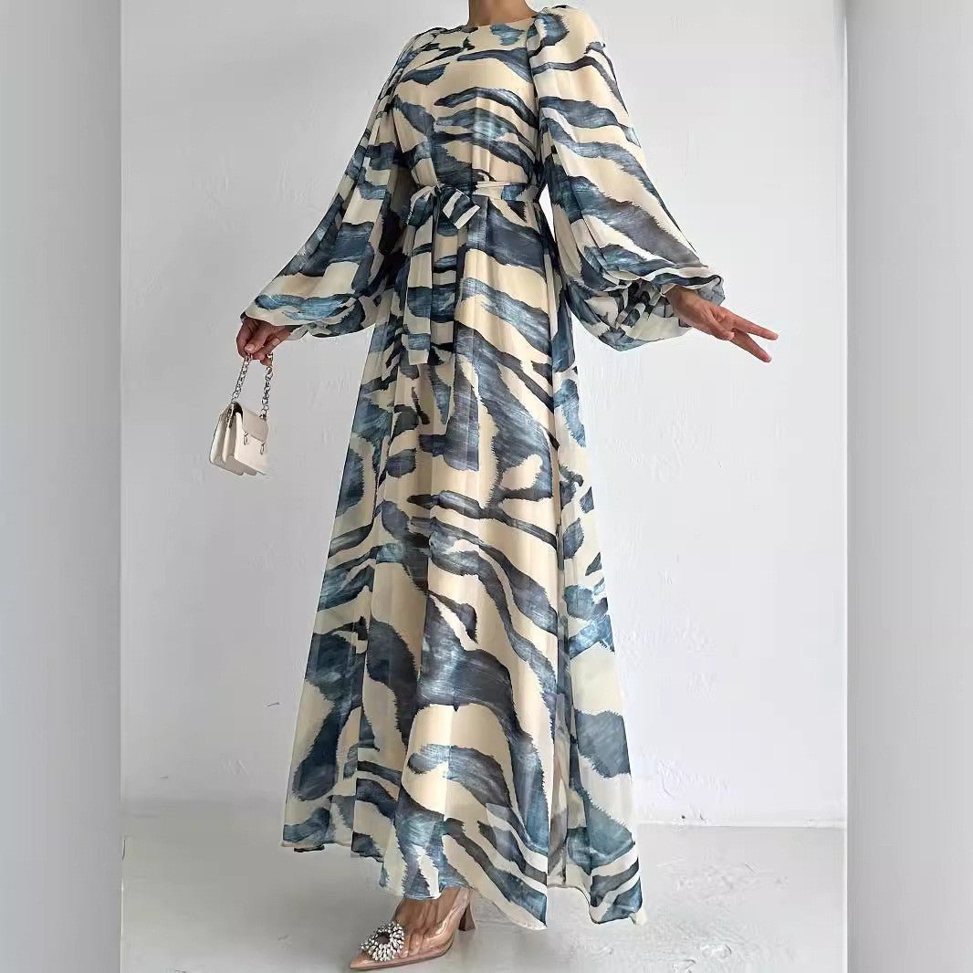 Abstract Zebra Print Chiffon Dress with Tie Belt(MA406) - Mariam's Collection