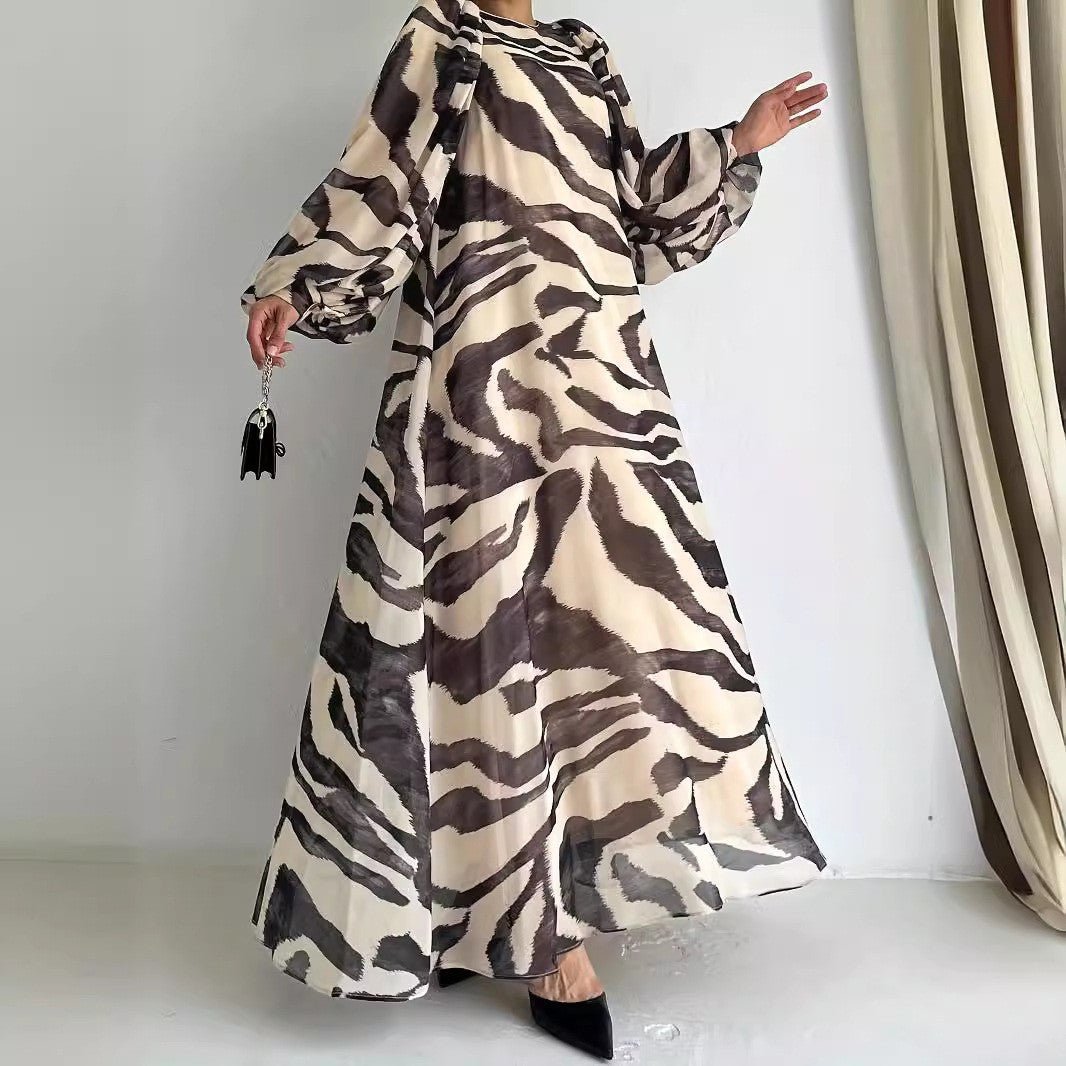 Abstract Zebra Print Chiffon Dress with Tie Belt(MA406) - Mariam's Collection