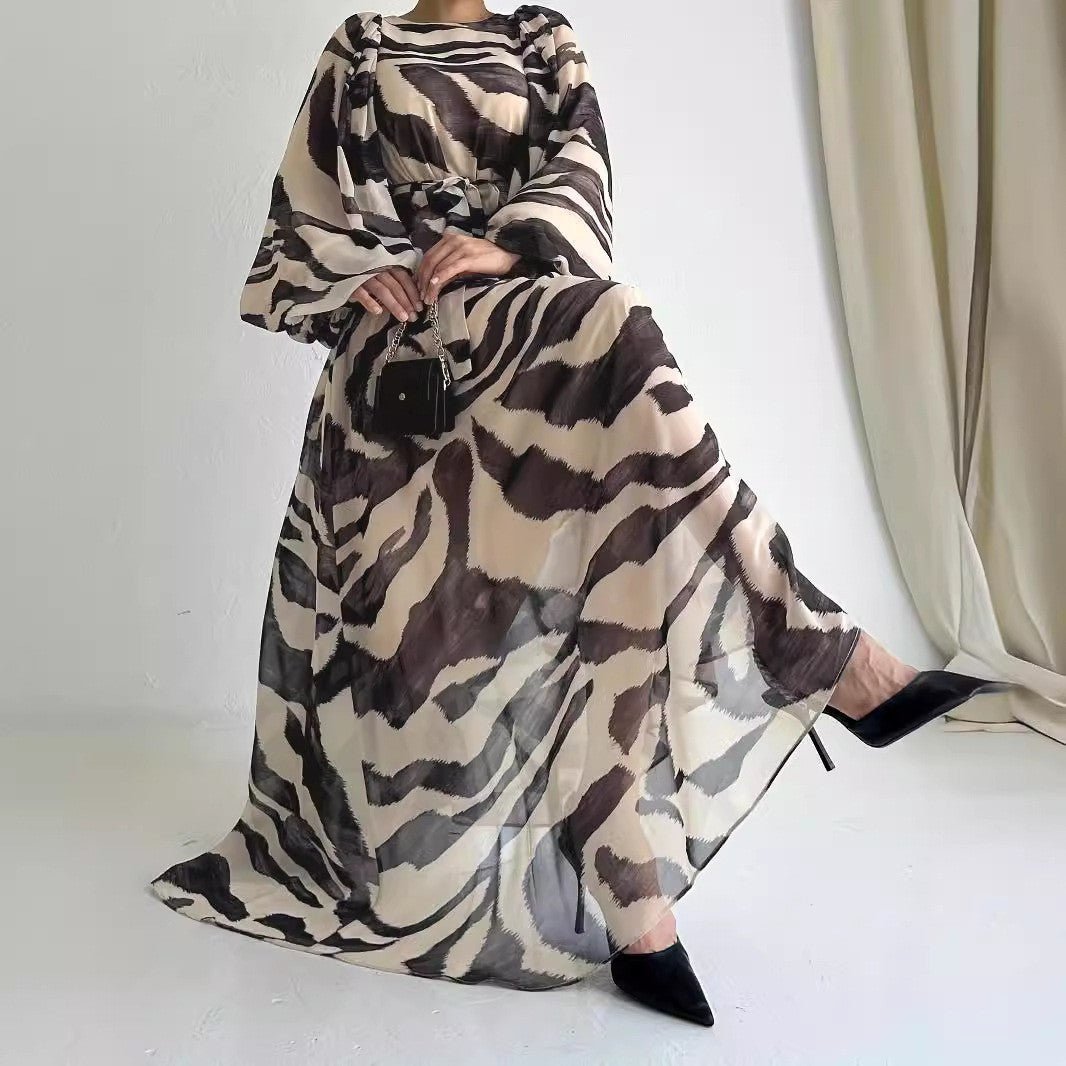 Abstract Zebra Print Chiffon Dress with Tie Belt