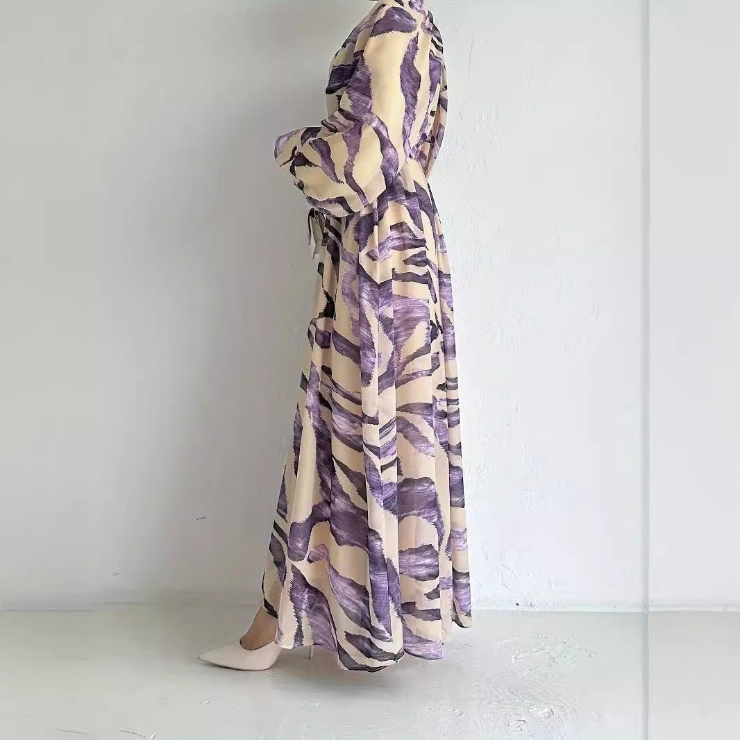 Abstract Zebra Print Chiffon Dress with Tie Belt(MA406) - Mariam's Collection