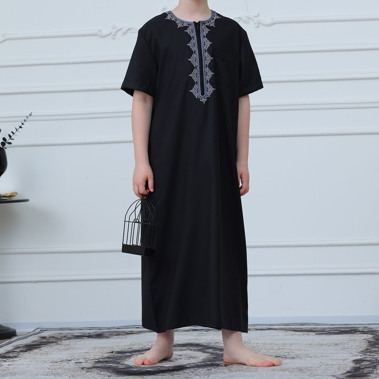 Boys Black Short Sleeve Embroidered Thobe with Pockets(MKB019)