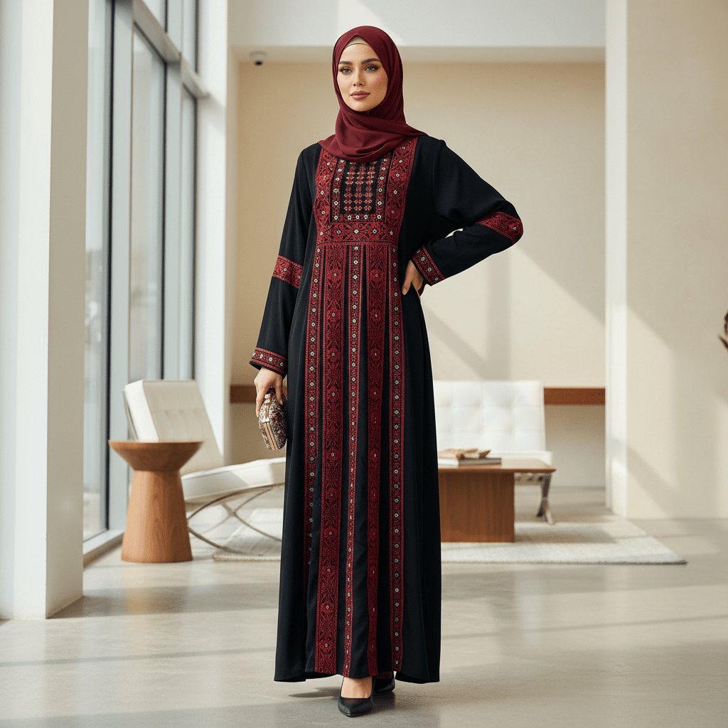 Acetate - like Mesh Tatreez Traditional Palestinian Heritage Abaya (MA253) - Mariam's Collection