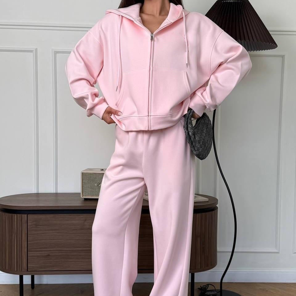 Zip-Up Hoodie & Wide-Leg Sweatpants Two-Piece Set(MS532)