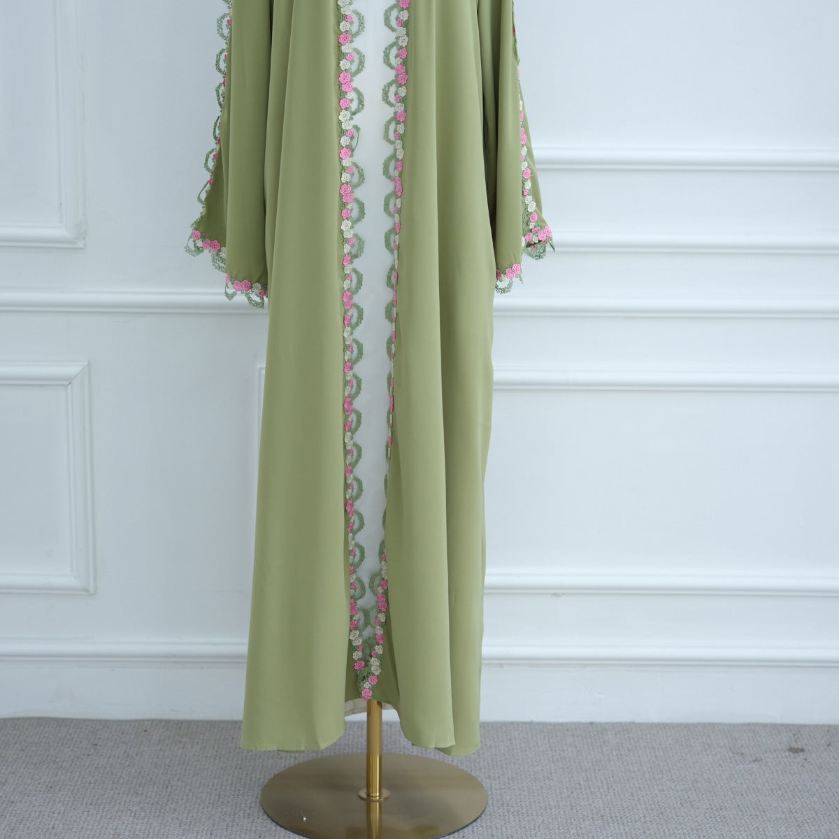 Muslim Women's Luxury Floral Embroidered Cardigan | Olive Green Modest Cover-Up with Pink/White Blossoms (MOA197)