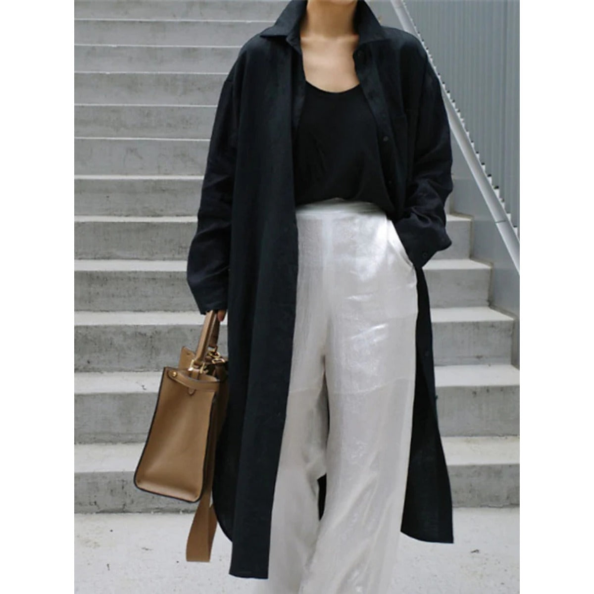 Muslim Casual Elegance Linen-Blend Shirt Dress | Modest Maxi with Button Front & Side Slits. (MS096)
