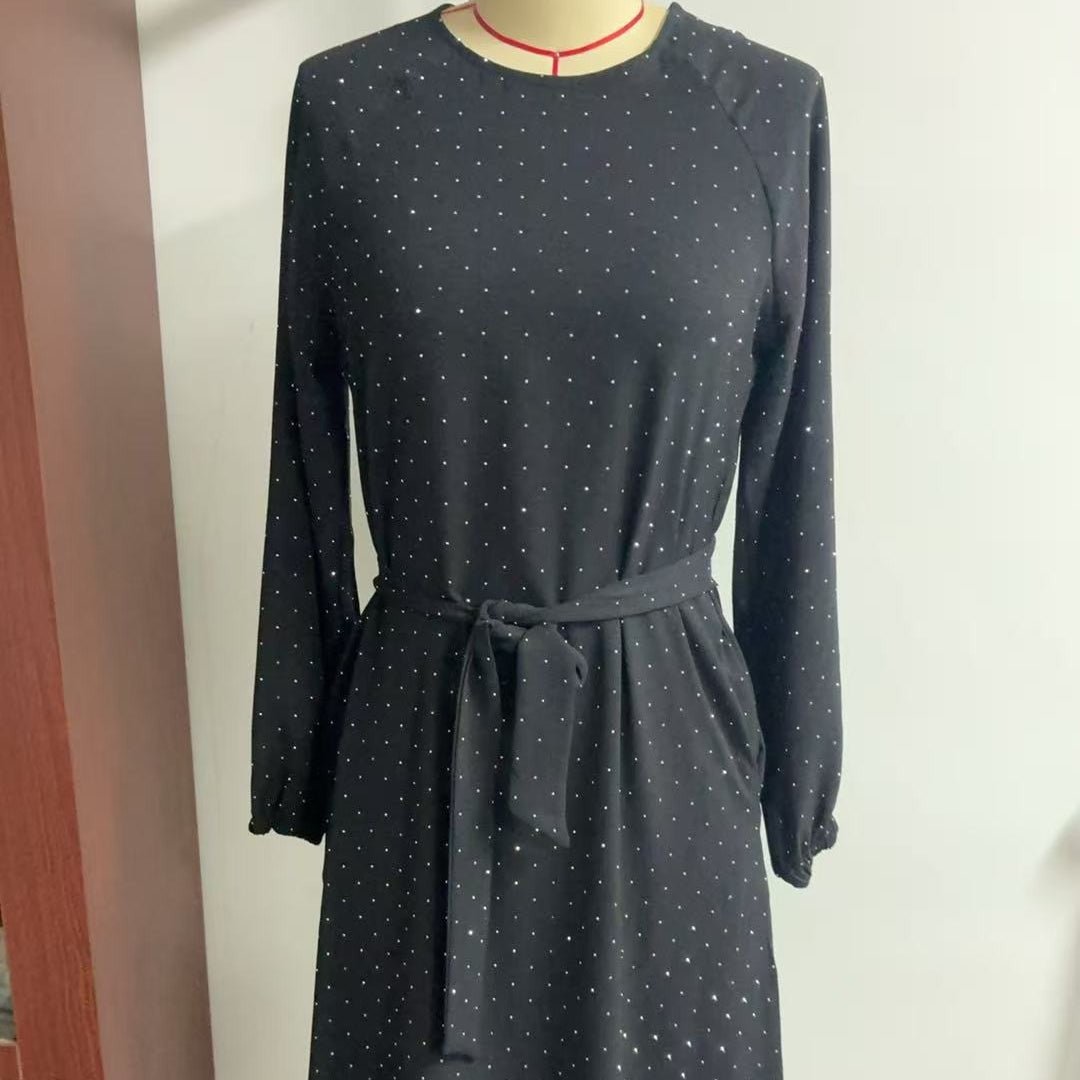 All-Over Rhinestone Maxi Dress | Belted Puff-Sleeve Modest Dress(MS583) - Mariam's Collection