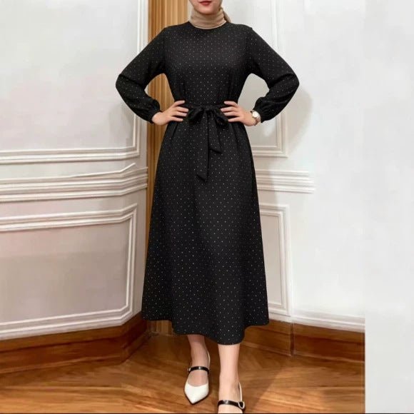 All-Over Rhinestone Maxi Dress | Belted Puff-Sleeve Modest Dress(MS583) - Mariam's Collection