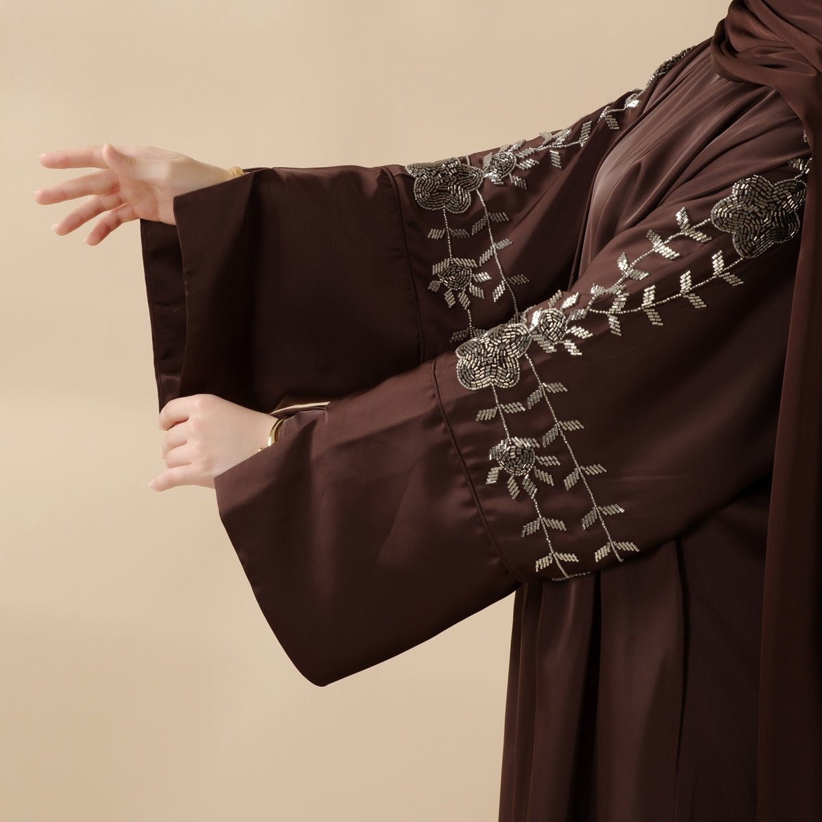 Archive Piece Beaded Rose Embroidery Satin Abaya 2-Piece Set - MP028 (Size M Only) - Mariam's Collection