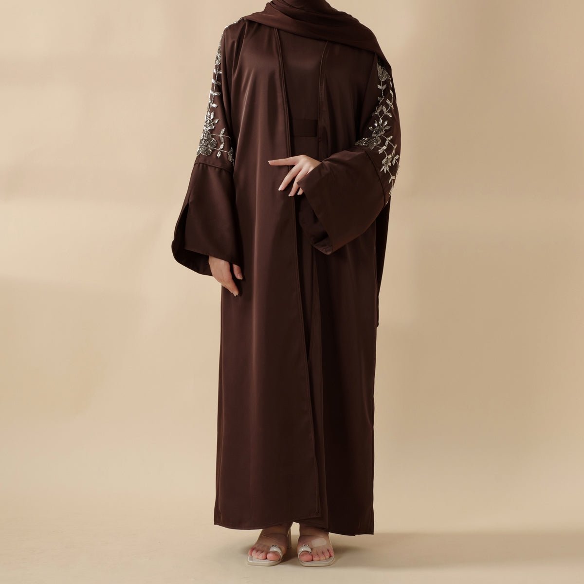 Archive Piece Beaded Rose Embroidery Satin Abaya 2-Piece Set - MP028 (Size M Only) - Mariam's Collection