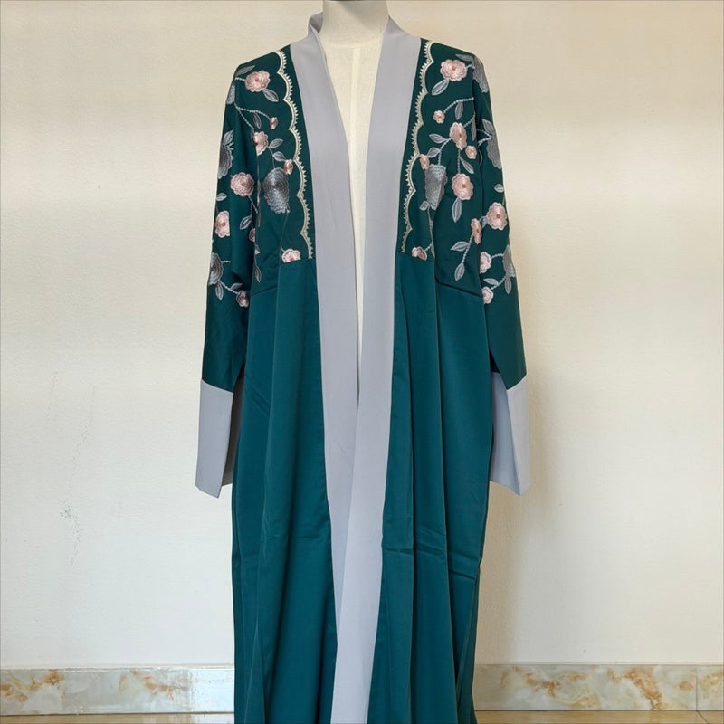 Archive Piece Floral Embroidered Colour-Block Open Abaya - MP054 (Size L Only) - Mariam's Collection