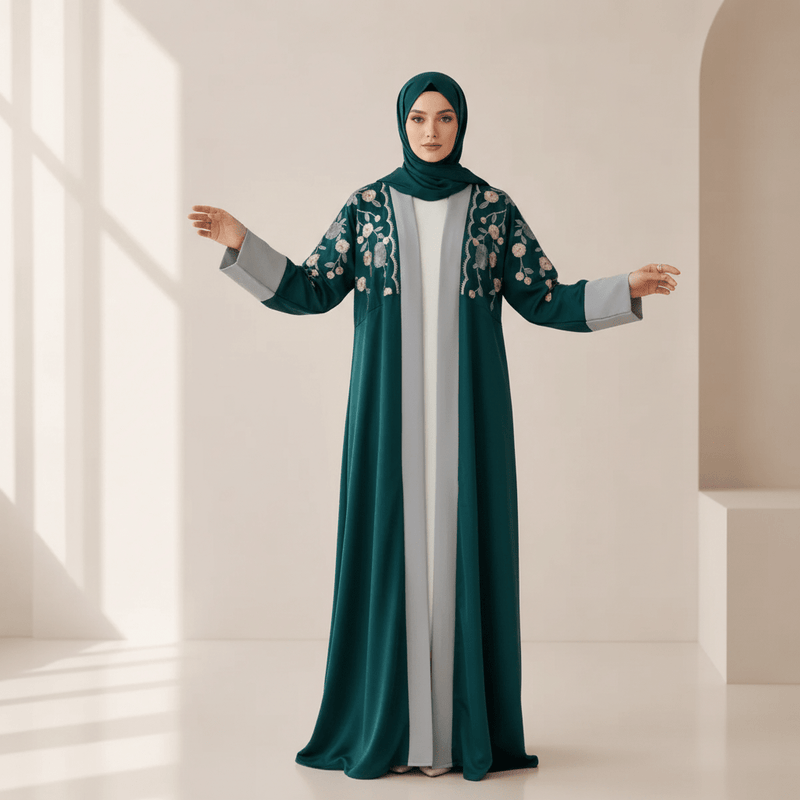 Archive Piece Floral Embroidered Colour-Block Open Abaya - MP054 (Size L Only) - Mariam's Collection