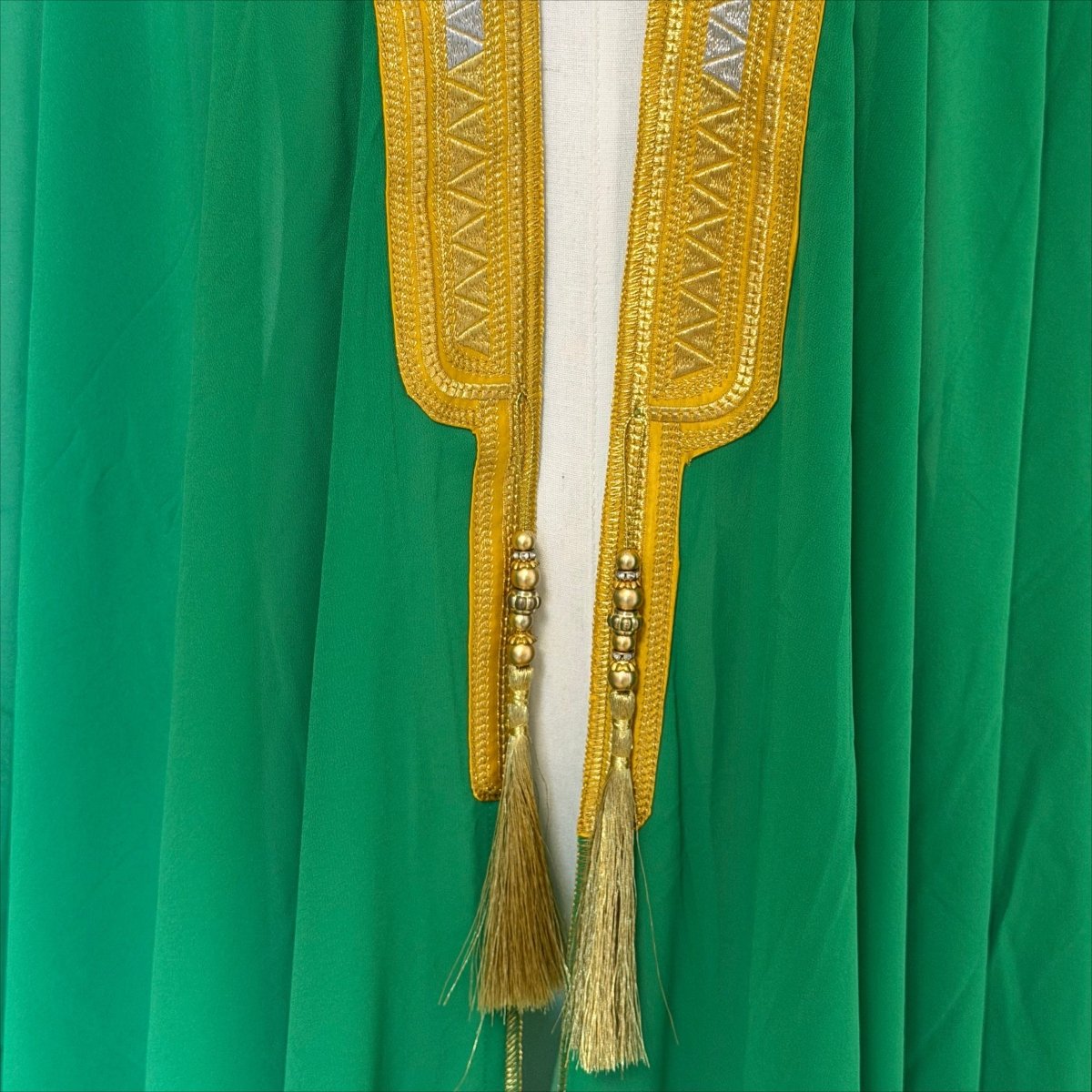Archive Piece Gold Geometric Embroidered Tassel-Trim Open Kaftan - MP052 (Size XXL Only) - Mariam's Collection
