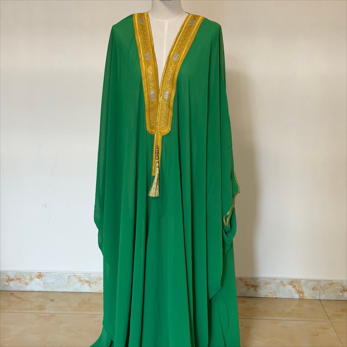 Archive Piece Gold Geometric Embroidered Tassel-Trim Open Kaftan - MP052 (Size XXL Only) - Mariam's Collection