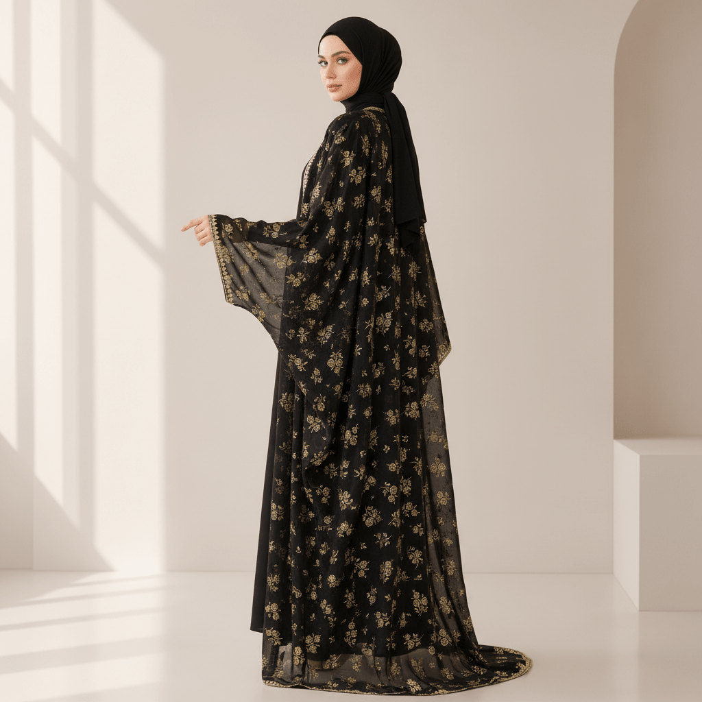 Archive Piece Gold Rose Print Lace-Trim Open Abaya Set - MP053 (Size L Only) - Mariam's Collection