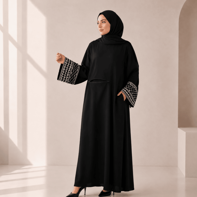 Archive Piece Keffiyeh-Embroidered Cuff Integrated Hijab Prayer Abaya - MP050 (Size Free Size Only)
