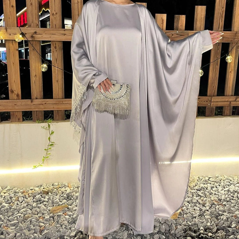 Archive Piece Lace Trimmed Fringed Butterfly Satin Open Abaya 2-Piece Set - MP041 (Size S Only) - Mariam's Collection