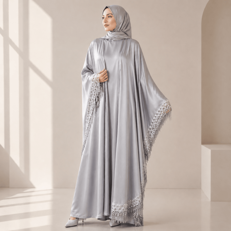 Archive Piece Lace Trimmed Fringed Butterfly Satin Open Abaya 2-Piece Set - MP041 (Size S Only) - Mariam's Collection