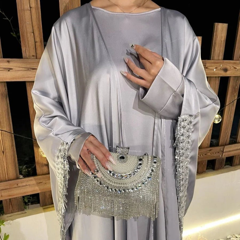 Archive Piece Lace Trimmed Fringed Butterfly Satin Open Abaya 2-Piece Set - MP041 (Size S Only) - Mariam's Collection